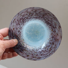 Load image into Gallery viewer, SCOTTISH GLASS. Pretty VASART Shallow Sky Blue Mottled Bowl with Black and Gold Aventurine Flecks on Rim. 6 inches 
