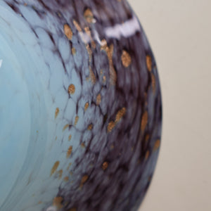 SCOTTISH GLASS. Pretty VASART Shallow Sky Blue Mottled Bowl with Black and Gold Aventurine Flecks on Rim. 6 inches 