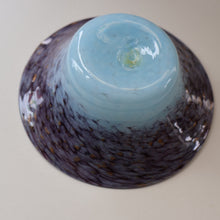 Load image into Gallery viewer, SCOTTISH GLASS. Pretty VASART Shallow Sky Blue Mottled Bowl with Black and Gold Aventurine Flecks on Rim. 6 inches 
