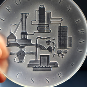 Rare 1960s Bohemia Crystal Glass Medallion with Industrial Imagery. Inscribed: Severocesky Kraj / CSSR