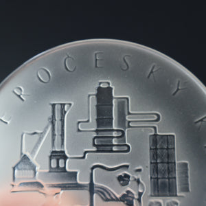Rare 1960s Bohemia Crystal Glass Medallion with Industrial Imagery. Inscribed: Severocesky Kraj / CSSR
