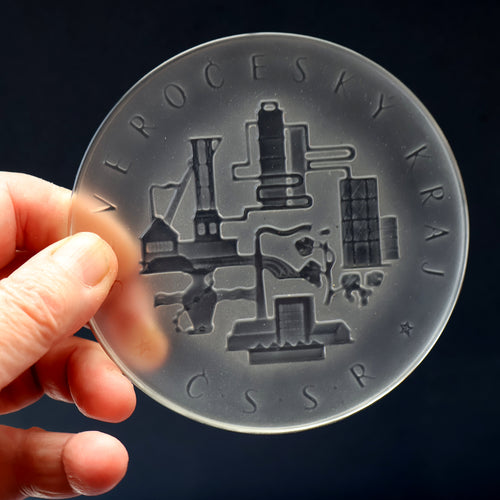 Rare 1960s Bohemia Crystal Glass Medallion with Industrial Imagery. Inscribed: Severocesky Kraj / CSSR