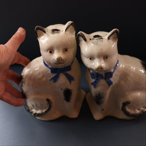 Cute Little Pair of Antique Staffordshire Pottery Mantle Cats with Blue Bows; c 1900