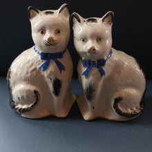 Load image into Gallery viewer, Cute Little Pair of Antique Staffordshire Pottery Mantle Cats with Blue Bows; c 1900
