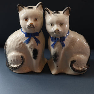 Cute Little Pair of Antique Staffordshire Pottery Mantle Cats with Blue Bows; c 1900