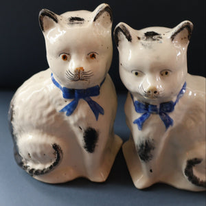 Cute Little Pair of Antique Staffordshire Pottery Mantle Cats with Blue Bows; c 1900