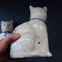Load image into Gallery viewer, Cute Little Pair of Antique Staffordshire Pottery Mantle Cats with Blue Bows; c 1900

