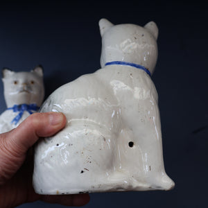 Cute Little Pair of Antique Staffordshire Pottery Mantle Cats with Blue Bows; c 1900