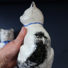 Load image into Gallery viewer, Cute Little Pair of Antique Staffordshire Pottery Mantle Cats with Blue Bows; c 1900

