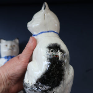 Cute Little Pair of Antique Staffordshire Pottery Mantle Cats with Blue Bows; c 1900