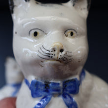 Load image into Gallery viewer, Cute Little Pair of Antique Staffordshire Pottery Mantle Cats with Blue Bows; c 1900
