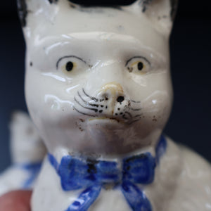 Cute Little Pair of Antique Staffordshire Pottery Mantle Cats with Blue Bows; c 1900