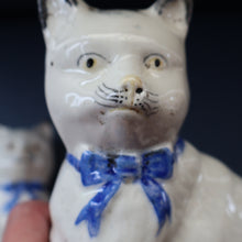 Load image into Gallery viewer, Cute Little Pair of Antique Staffordshire Pottery Mantle Cats with Blue Bows; c 1900
