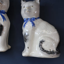 Load image into Gallery viewer, Cute Little Pair of Antique Staffordshire Pottery Mantle Cats with Blue Bows; c 1900
