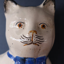 Load image into Gallery viewer, Cute Little Pair of Antique Staffordshire Pottery Mantle Cats with Blue Bows; c 1900
