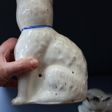 Load image into Gallery viewer, Cute Little Pair of Antique Staffordshire Pottery Mantle Cats with Blue Bows; c 1900
