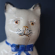 Load image into Gallery viewer, Cute Little Pair of Antique Staffordshire Pottery Mantle Cats with Blue Bows; c 1900
