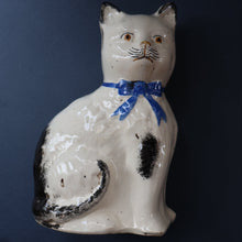 Load image into Gallery viewer, Cute Little Pair of Antique Staffordshire Pottery Mantle Cats with Blue Bows; c 1900

