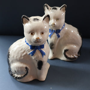 Cute Little Pair of Antique Staffordshire Pottery Mantle Cats with Blue Bows; c 1900
