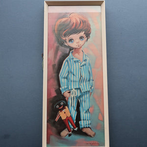 Vintage 1970's Kitsch "Big Eyes" Print By D Golding. Boy Dressed in Blue and White Pyjamas