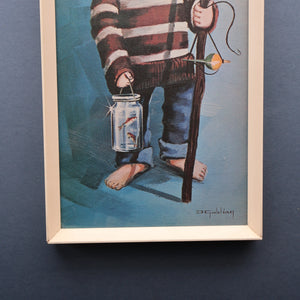 Vintage 1970's Kitsch Big Eyes Print By D Golding. Boy with Fishing Rod