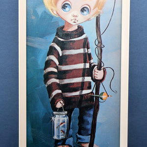 Vintage 1970's Kitsch Big Eyes Print By D Golding. Boy with Fishing Rod