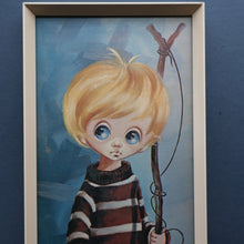 Load image into Gallery viewer, Vintage 1970&#39;s Kitsch Big Eyes Print By D Golding. Boy with Fishing Rod
