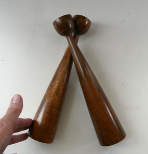 Tall Vintage Scandi-Style Teak Wooden Candlesticks with Metal Sconces