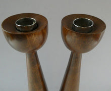 Load image into Gallery viewer, Tall Vintage Scandi-Style Teak Wooden Candlesticks with Metal Sconces
