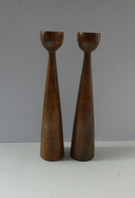 Load image into Gallery viewer, Tall Vintage Scandi-Style Teak Wooden Candlesticks with Metal Sconces
