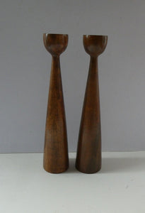 Tall Vintage Scandi-Style Teak Wooden Candlesticks with Metal Sconces