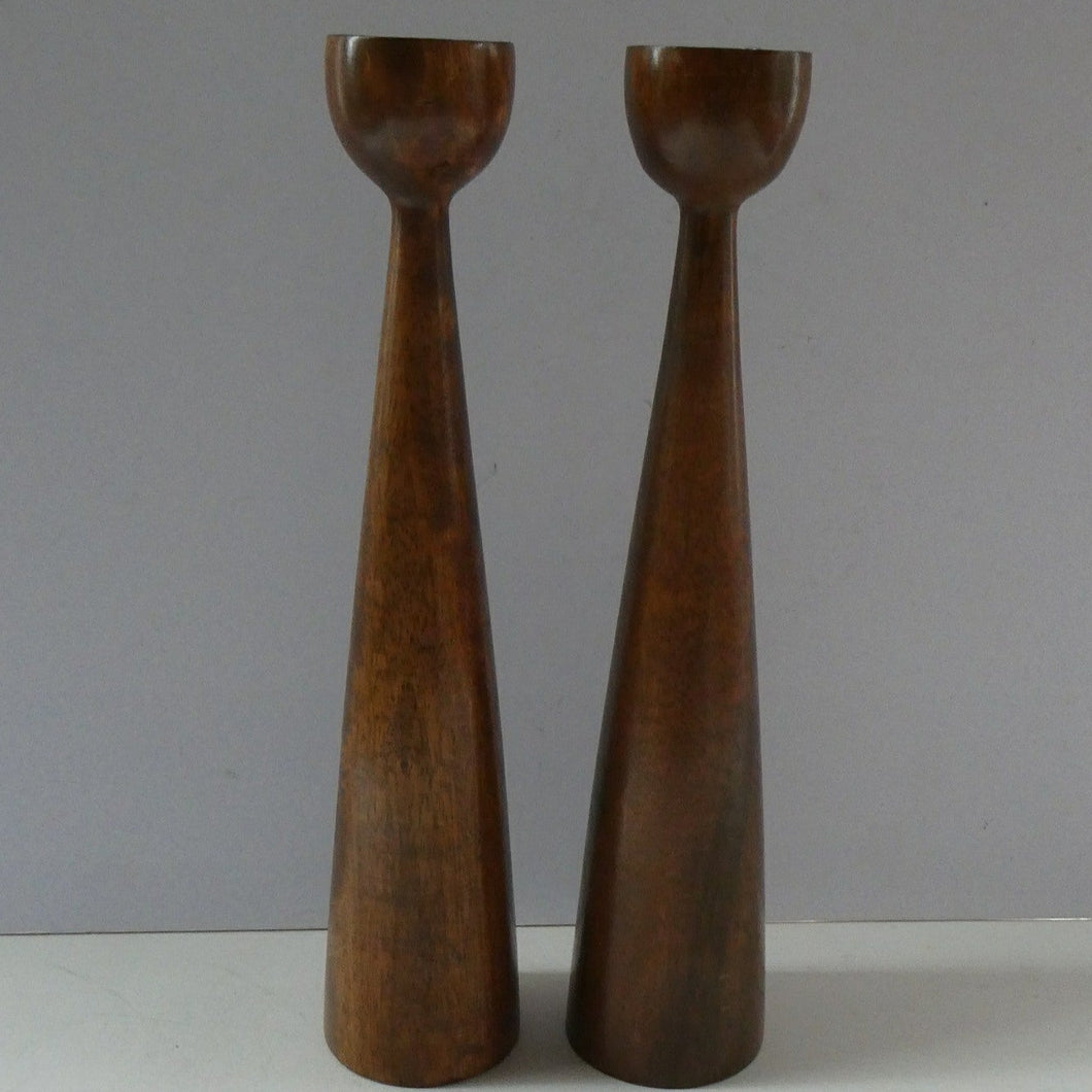 Tall Vintage Scandi-Style Teak Wooden Candlesticks with Metal Sconces