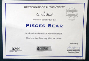 Limited Edition Danbury Mint / Steiff PISCES Small White Mohair Teddy Bear. 9 inches