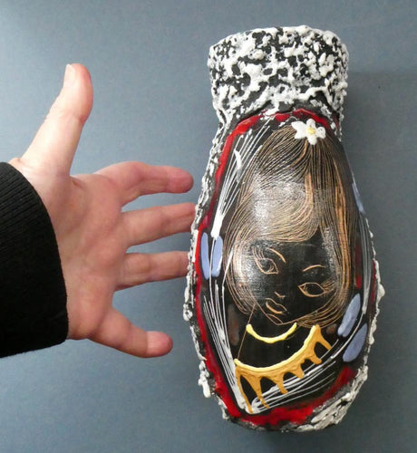 Vintage 1950s ITALIAN San Marino Vase with a Black and White Lava Glaze and Sgrafitto Image of a Young Lady