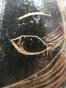 Vintage 1950s ITALIAN San Marino Vase with a Black and White Lava Glaze and Sgrafitto Image of a Young Lady