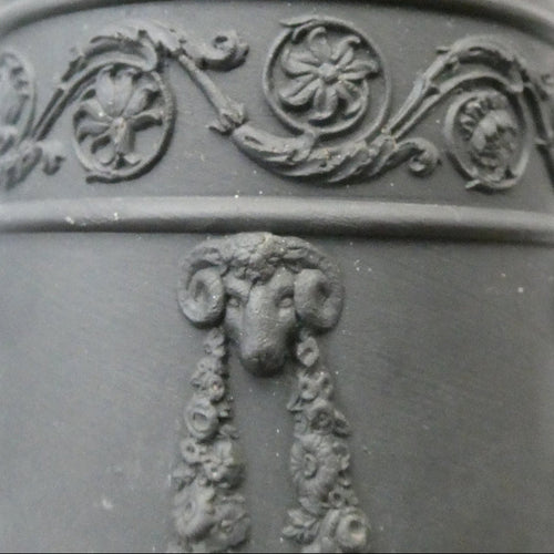 WEDGWOOD Edwardian Black Basalt Spill Vase with Ancanthus Scolls, Garlands, Ram's Head Mask. Height 8 1/2 inches