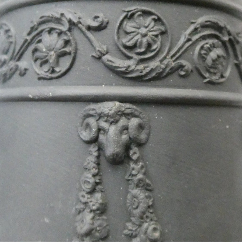 WEDGWOOD Edwardian Black Basalt Spill Vase with Ancanthus Scolls, Garlands, Ram's Head Mask. Height 8 1/2 inches