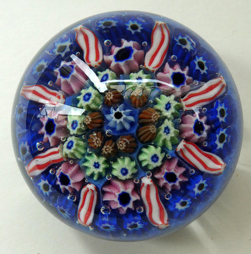 Vintage Scottish Paperweight 1950s VASART GLASS. Blue Ground with Eight Half Spokes and Millefiori Canes