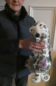 MASSIVE Mid-Century Italian Pottery Hound Dog Decorated with Hand-Painted Flowers. Height 18 inches