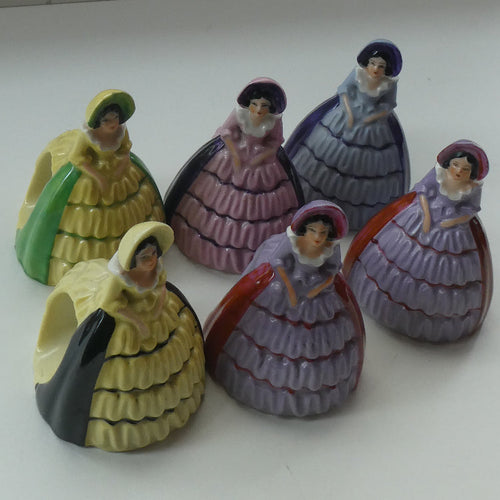 Group of SIX Carlton Ware Crinoline Lady Ceramic Napkin Rings, c 1935