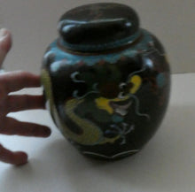 Load image into Gallery viewer, Vintage Chinese Cloisonne Lidded Ginger Jar Featuring Two Dragons Chasing a Flaming Pearl
