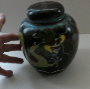 Vintage Chinese Cloisonne Lidded Ginger Jar Featuring Two Dragons Chasing a Flaming Pearl