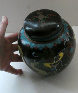 Vintage Chinese Cloisonne Lidded Ginger Jar Featuring Two Dragons Chasing a Flaming Pearl