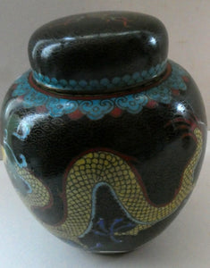 Vintage Chinese Cloisonne Lidded Ginger Jar Featuring Two Dragons Chasing a Flaming Pearl