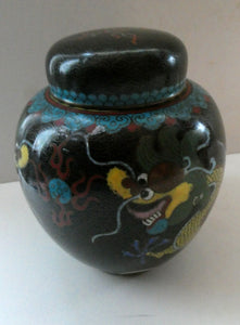 Vintage Chinese Cloisonne Lidded Ginger Jar Featuring Two Dragons Chasing a Flaming Pearl