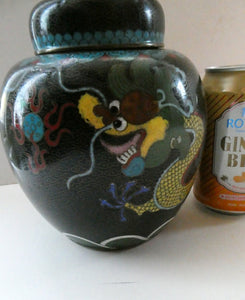 Vintage Chinese Cloisonne Lidded Ginger Jar Featuring Two Dragons Chasing a Flaming Pearl