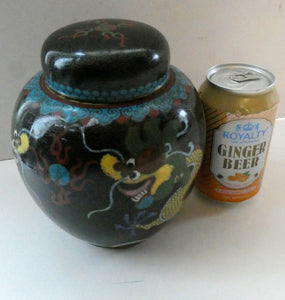 Vintage Chinese Cloisonne Lidded Ginger Jar Featuring Two Dragons Chasing a Flaming Pearl