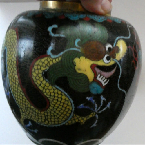 Vintage Chinese Cloisonne Lidded Ginger Jar Featuring Two Dragons Chasing a Flaming Pearl