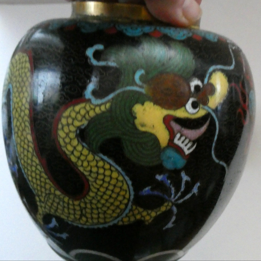 Vintage Chinese Cloisonne Lidded Ginger Jar Featuring Two Dragons Chasing a Flaming Pearl
