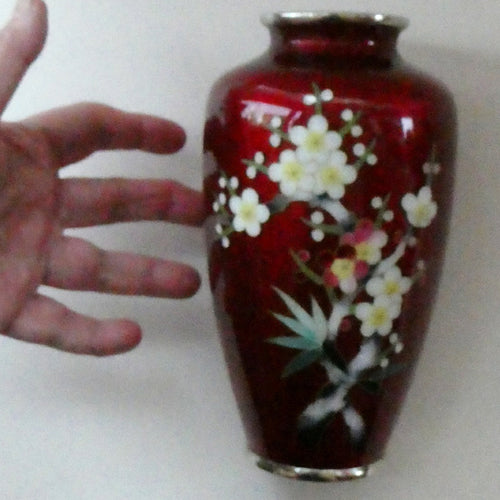 Antique Japanese Cloisonne Red Ginbari Enamel Vase with Ando Jubei Studio Flower Mark Media 1 of 26